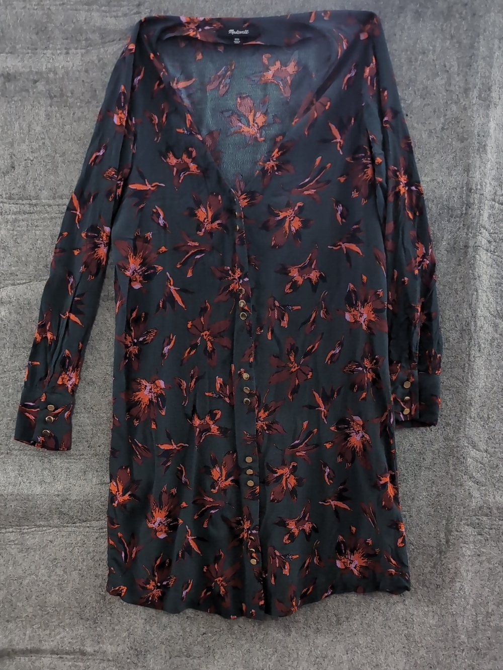Madewell Black Long-Sleeve Floral Button-Front Dress with Rust Accents